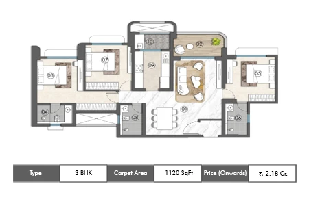 3 BHK-1120 SqFt